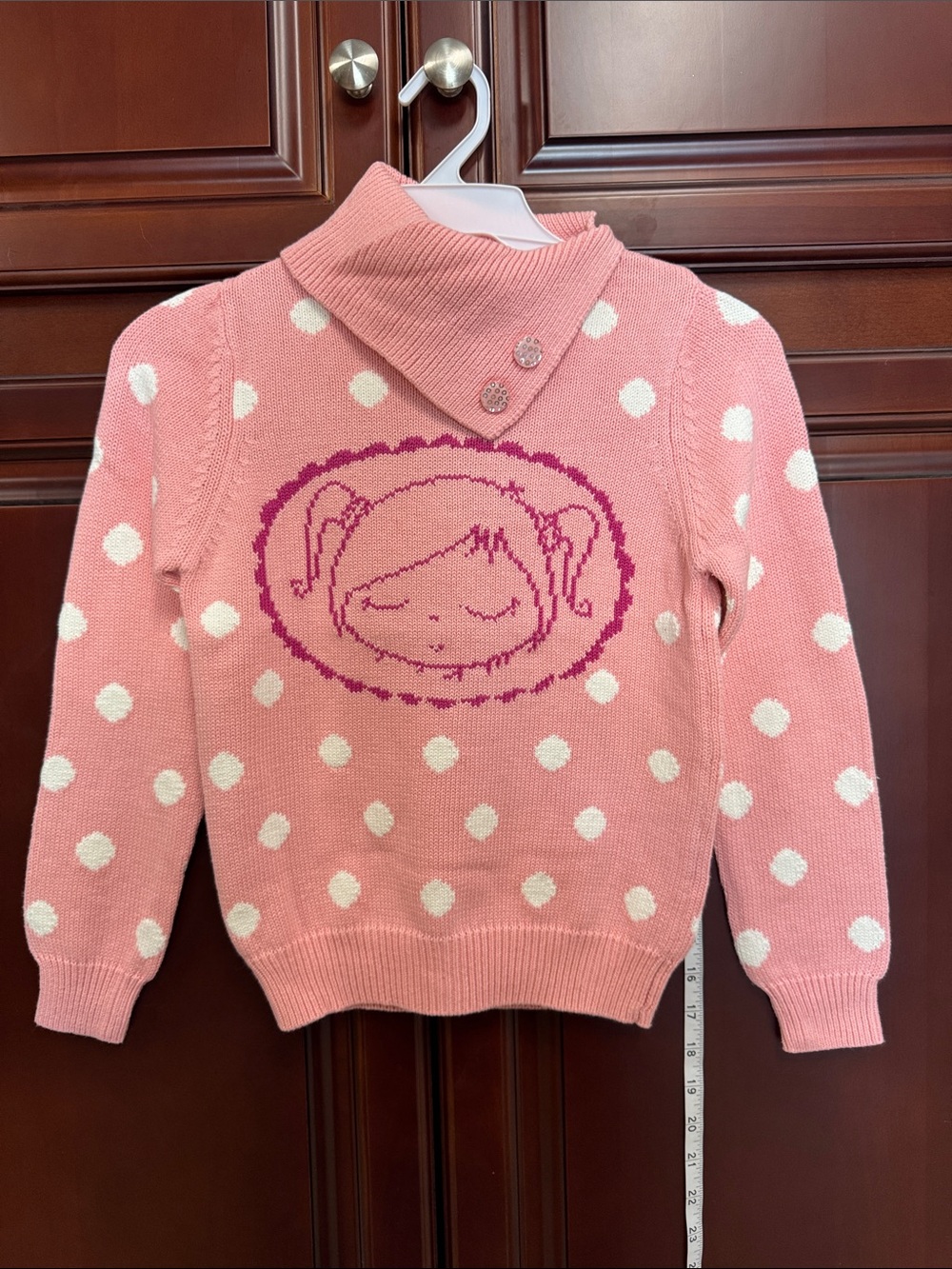 Cozy Pink Polka Dot Knit Sweater with Embroidered Girl Motif